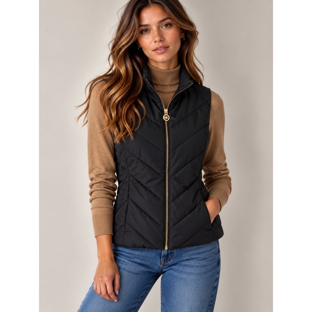 Michael Kors Black Chevron Quilted Puffer Vest, Small